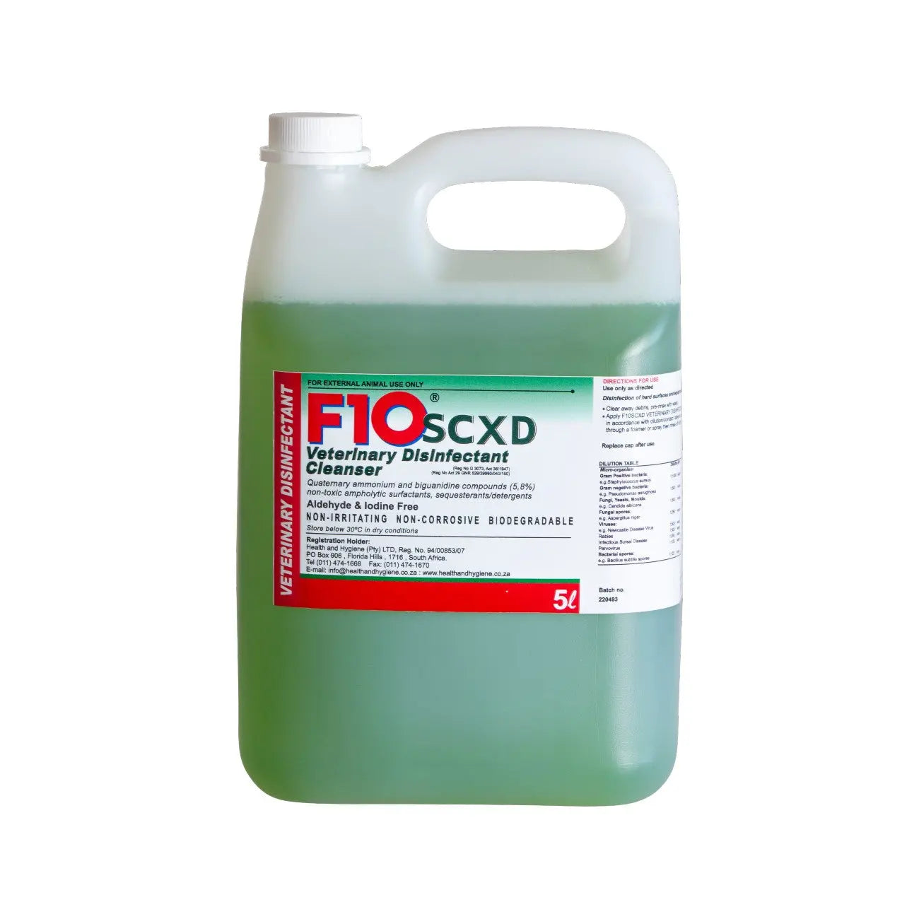 Veterinary disinfectant cleanser in a 5-liter jug, effective and biodegradable for safe animal care.