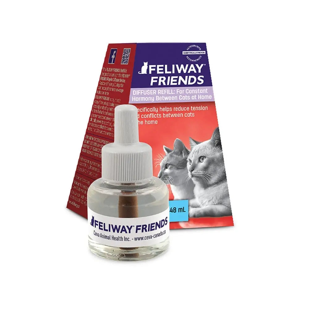 Feliway Friends diffuser refill promotes harmony between cats at home, reducing conflicts and stress.