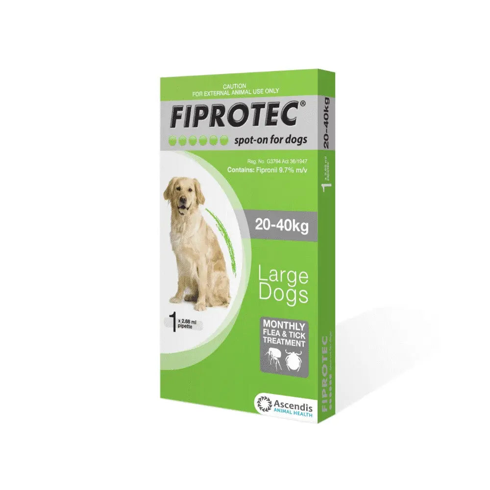 Fiprotec spot-on treatment for large dogs, effective monthly flea and tick prevention.