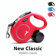 Red retractable dog leash with ergonomic handle and durable design for easy walking.