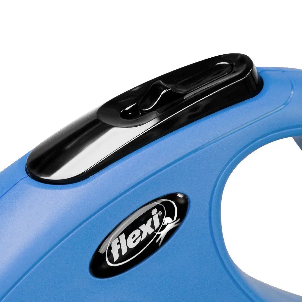 Blue flexi dog leash handle with ergonomic design for comfortable grip and easy control.