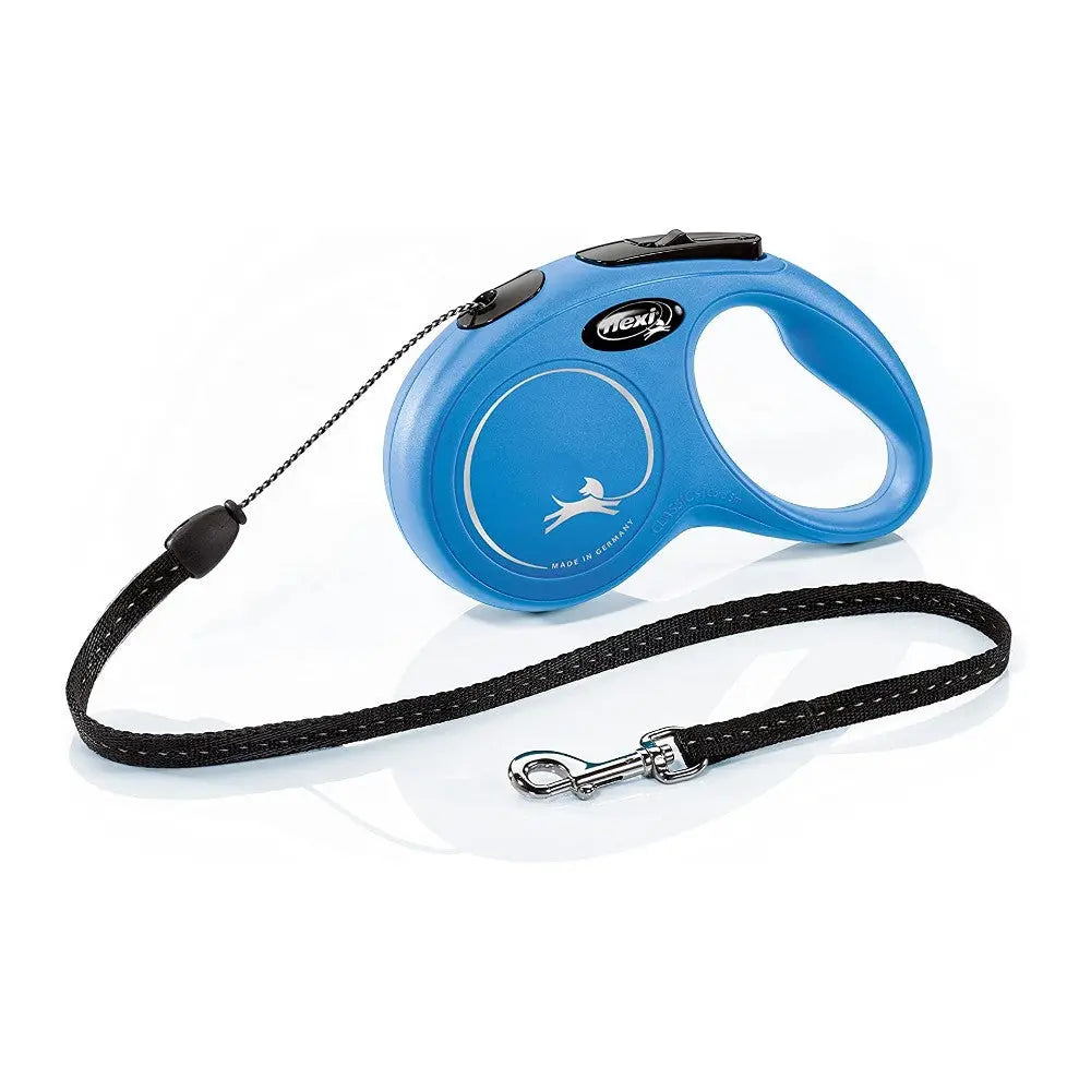 Blue retractable dog leash with ergonomic handle and durable cord for easy pet control.