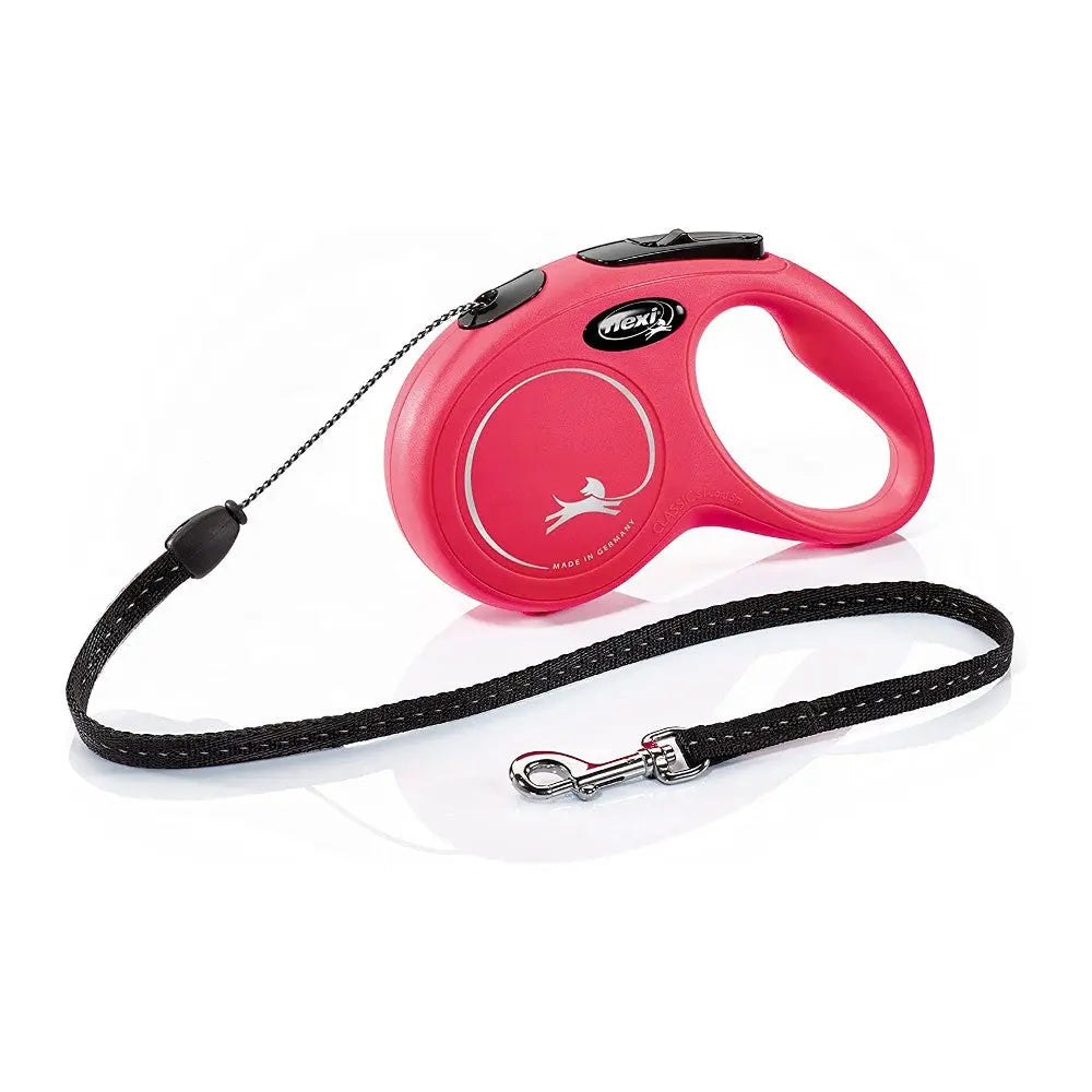 Pink retractable dog leash with ergonomic handle and durable cord for easy pet control.