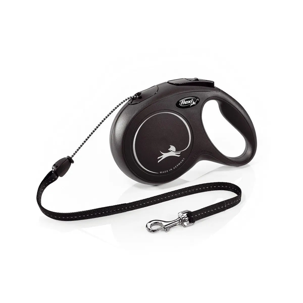 Retractable dog leash with ergonomic handle for comfortable walking and control.