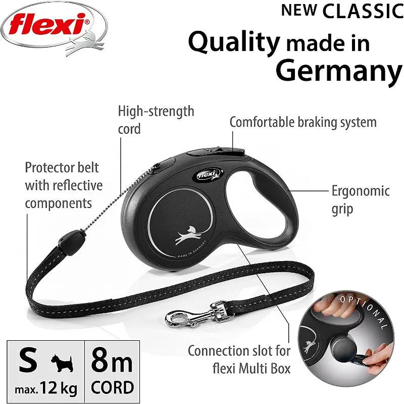 Flexi dog leash with ergonomic grip, high-strength cord, and comfortable braking system, made in Germany.