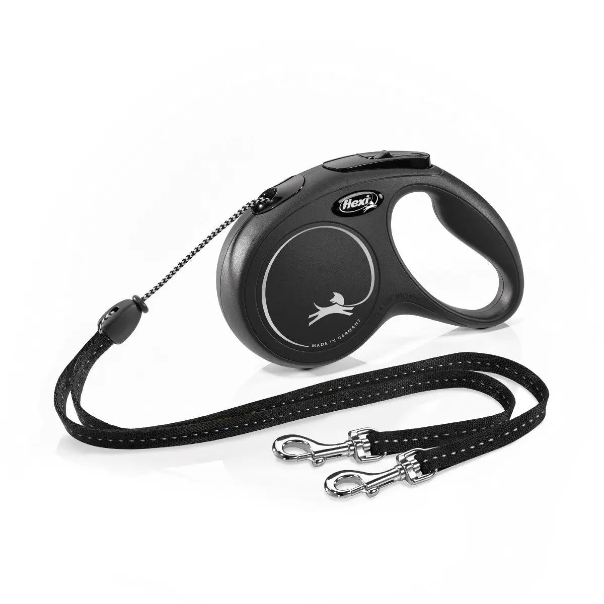 Retractable dog leash with ergonomic handle and durable cord for comfortable walks.