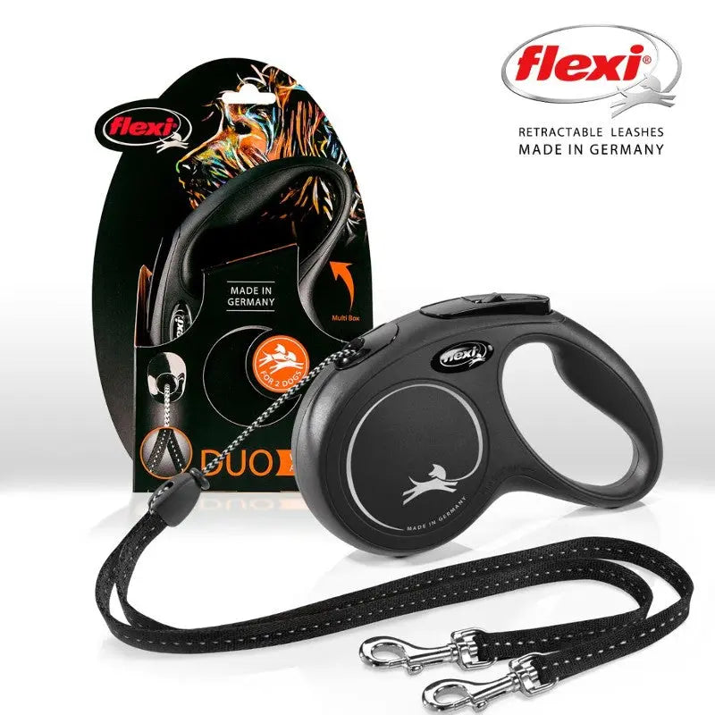 Flexi retractable dog leash in black, featuring a comfortable grip and durable design for pet owners.