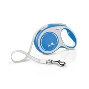 Blue retractable dog leash with ergonomic handle and durable cord for easy walking.
