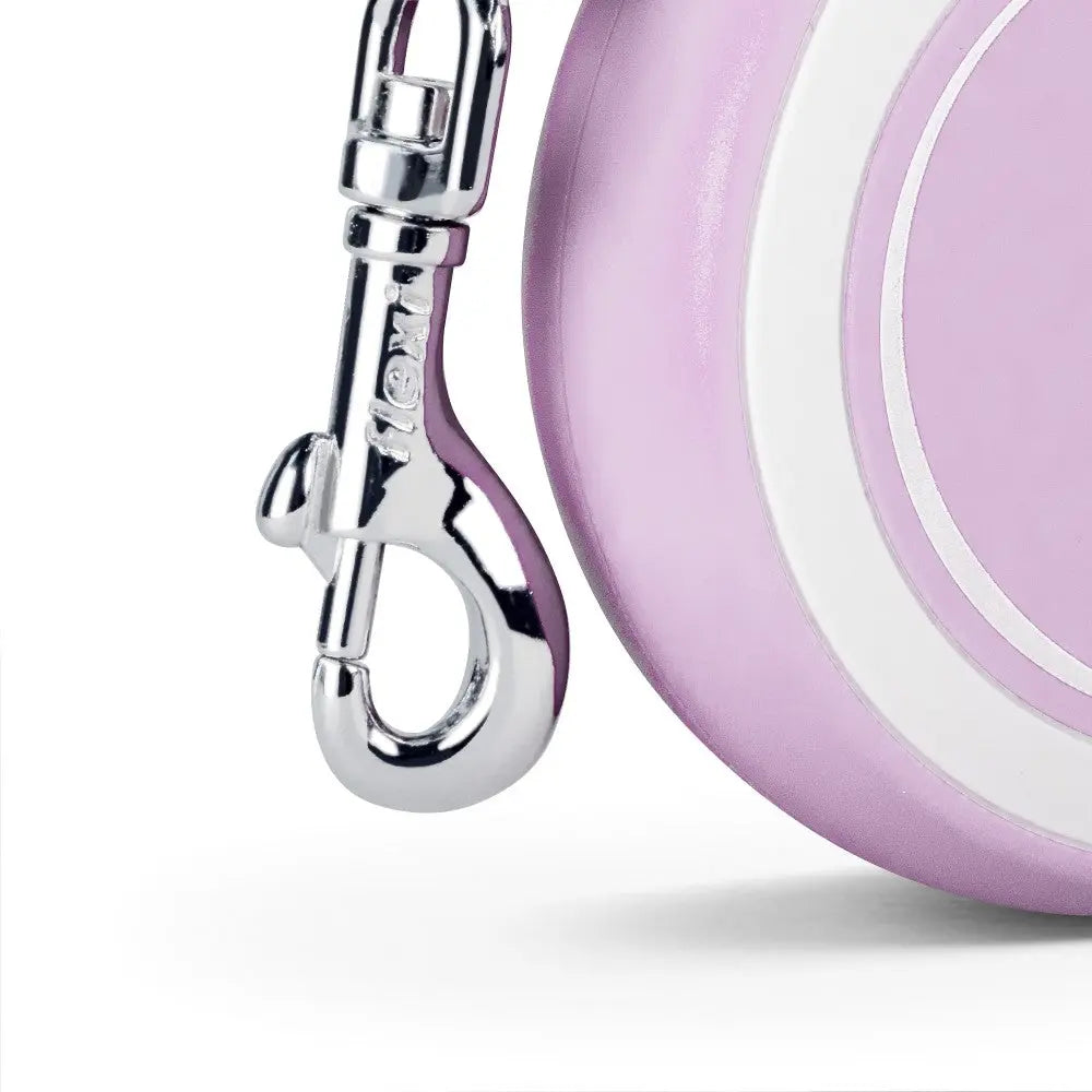 Purple retractable dog leash with a sturdy metal clip for easy attachment.