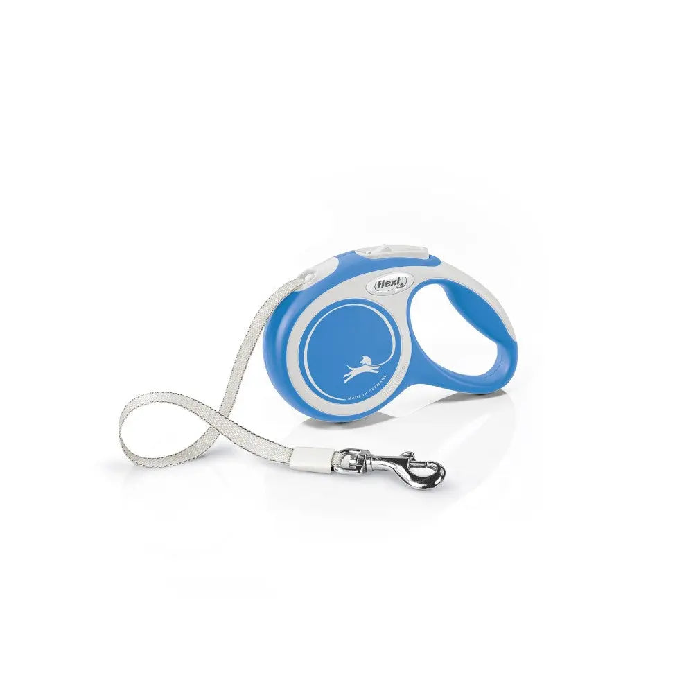 Blue retractable dog leash with ergonomic handle and durable cord for easy pet control.