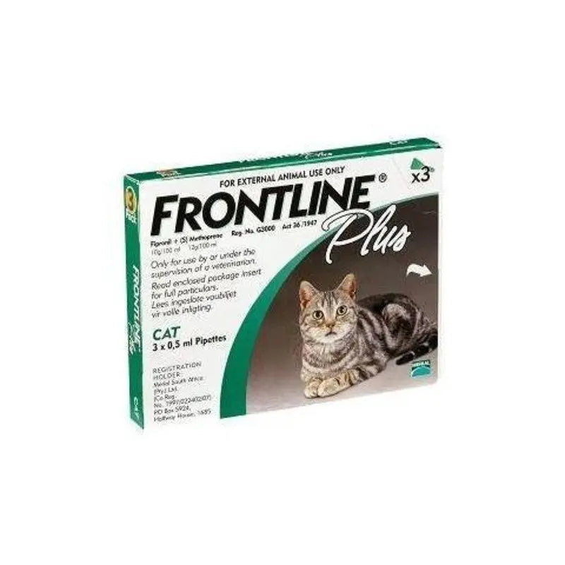 Frontline Plus for Cats packaging featuring a tabby cat and three pipettes for flea and tick treatment.