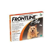 Frontline Plus for small dogs, flea and tick treatment, three pipettes, veterinary-approved packaging.