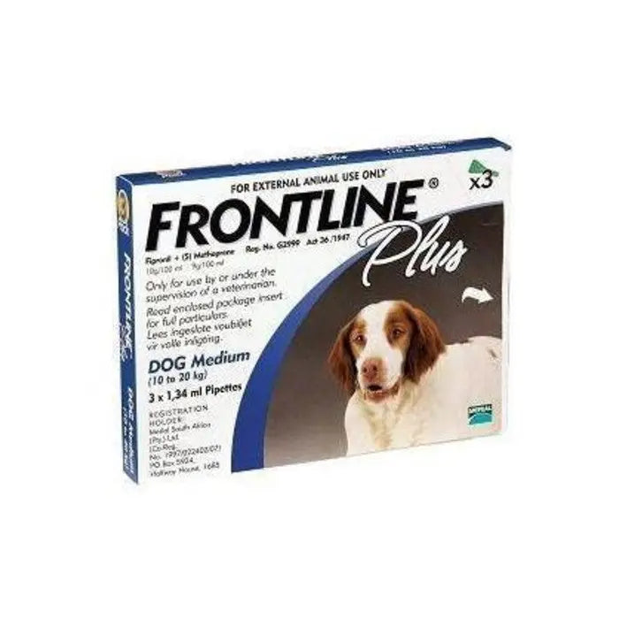 Frontline Plus for medium dogs, 3 pipettes, effective flea and tick treatment packaging.