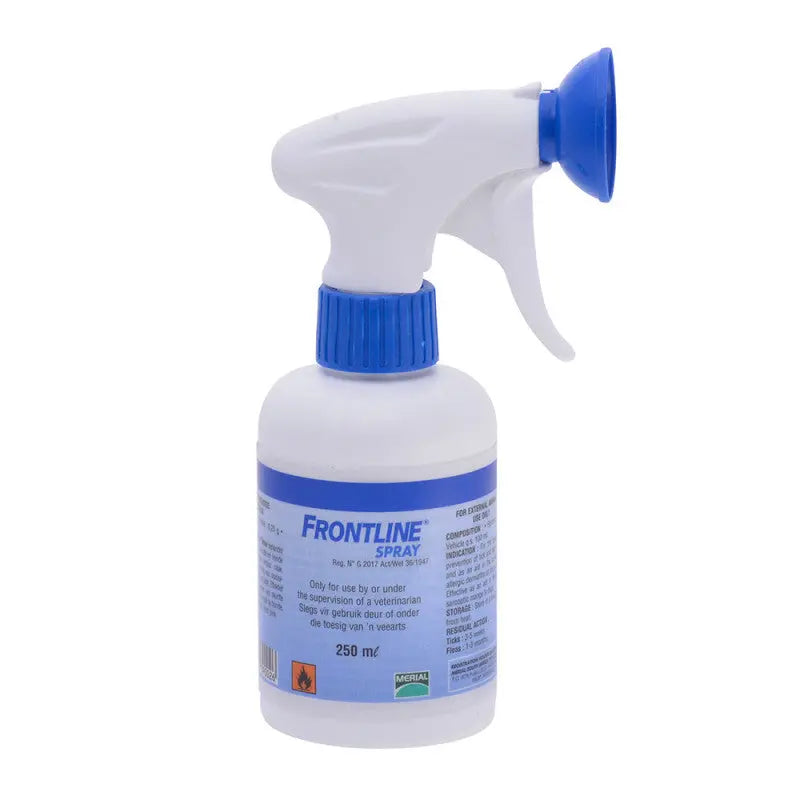 Frontline spray bottle for effective flea and tick treatment for pets, 250 ml size.