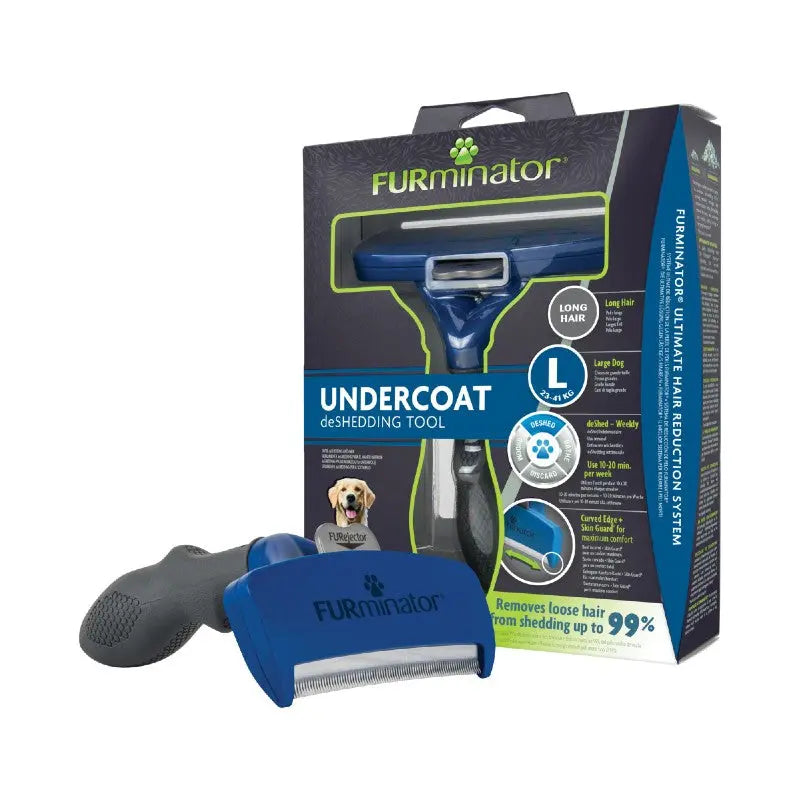 FURminator undercoat de-shedding tool for long-haired dogs, reduces shedding by up to 99%.
