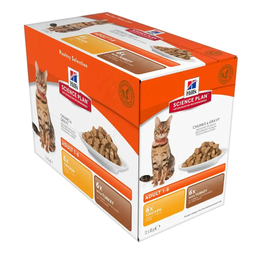 Hills Science Plan cat food box featuring poultry selection with chunks and gravy for adult cats.
