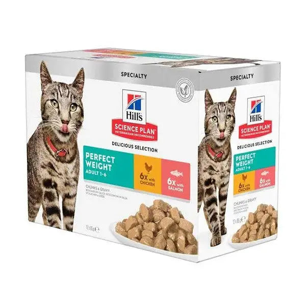 Hill's Science Plan Perfect Weight cat food, featuring chicken and salmon in a convenient packaging.