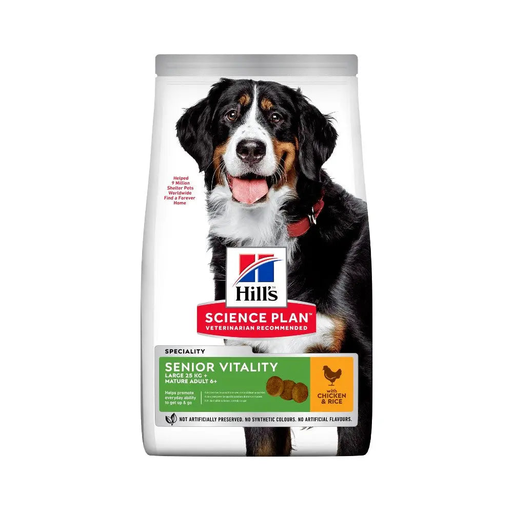 Hill's Science Plan Senior Vitality dog food bag with chicken and rice for healthy aging in dogs.