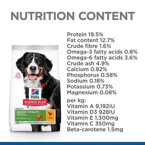 Dog food bag with nutrition content, including protein, vitamins, and minerals for senior vitality.