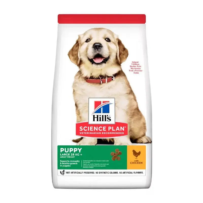 Hill's Science Plan puppy food bag featuring a happy golden retriever, promoting healthy growth and immunity.