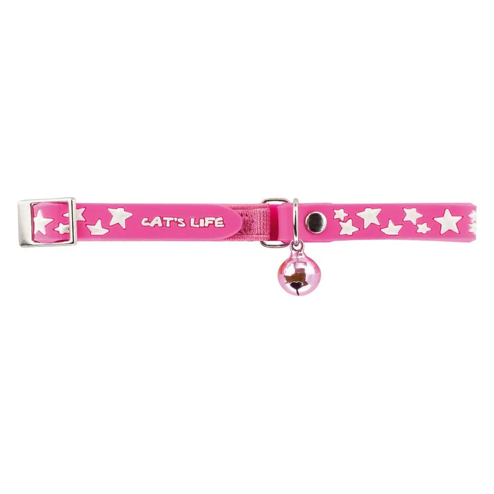 Pink cat collar with stars and a bell, perfect for stylish feline companions.