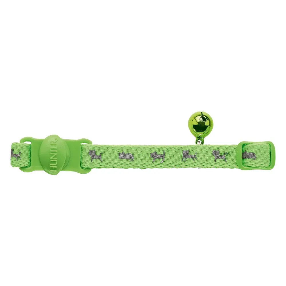 Green cat collar with playful dog print and a bell for added safety and style.