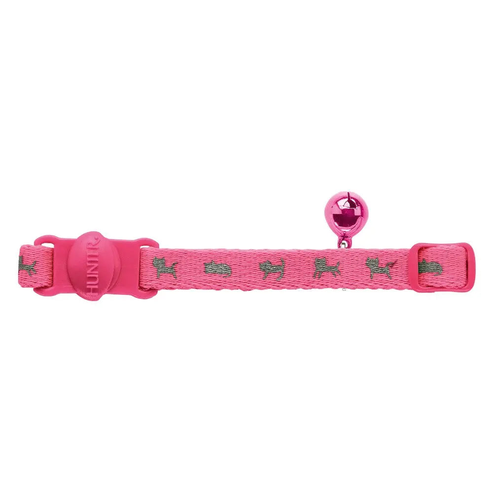 Pink cat collar with a bell and playful dog pattern for stylish pet accessories.