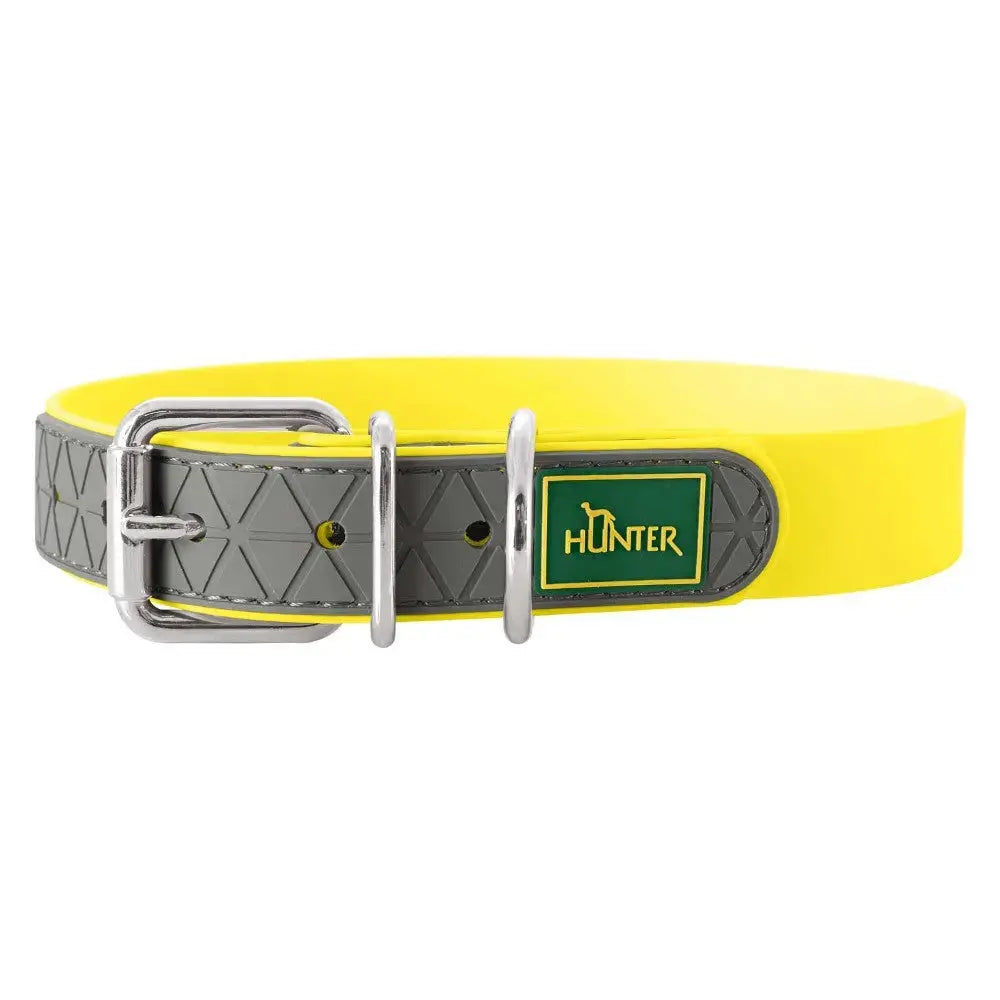 Yellow dog collar with gray accents and Hunter logo, perfect for stylish pet accessories.