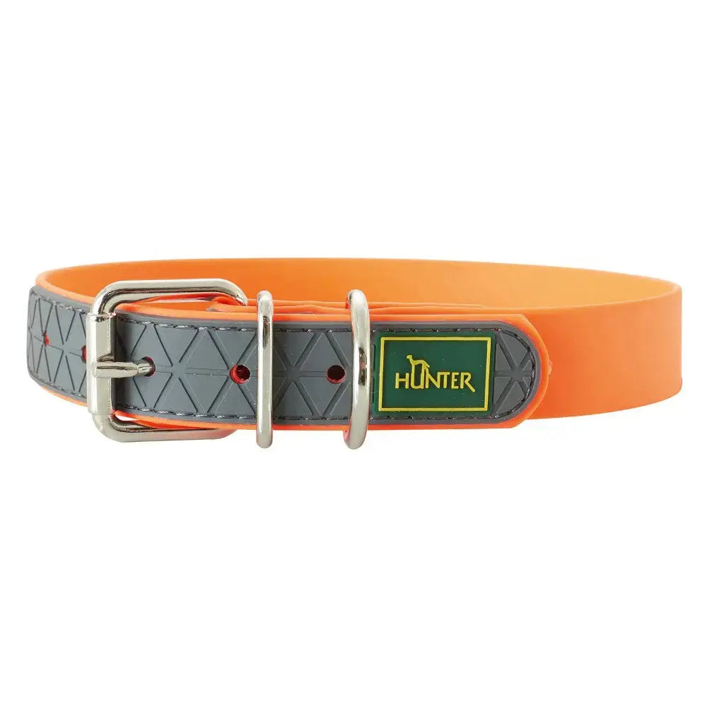 Durable orange dog collar with a gray patterned band and metal buckle for secure fit.