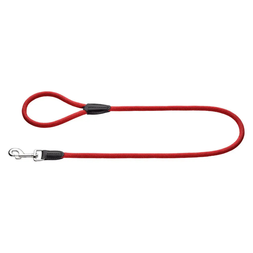Durable red dog leash with a sturdy clip and comfortable grip for safe walks.