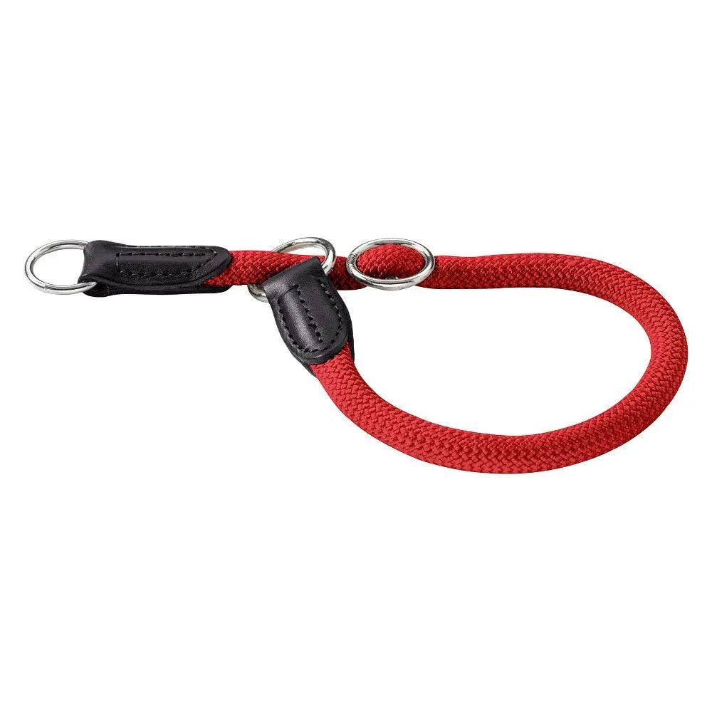 Red rope dog leash with durable leather accents and metal rings for secure attachment.