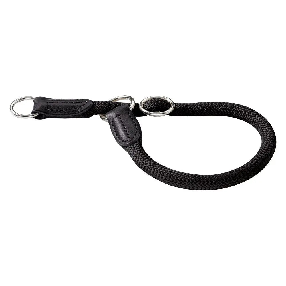 Durable black dog leash with padded handle and metal clips for secure attachment.