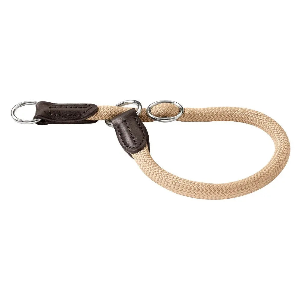 Durable beige dog leash with leather accents and metal clips for secure walks.