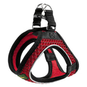 Red dog harness with breathable mesh and adjustable straps for comfort and safety.