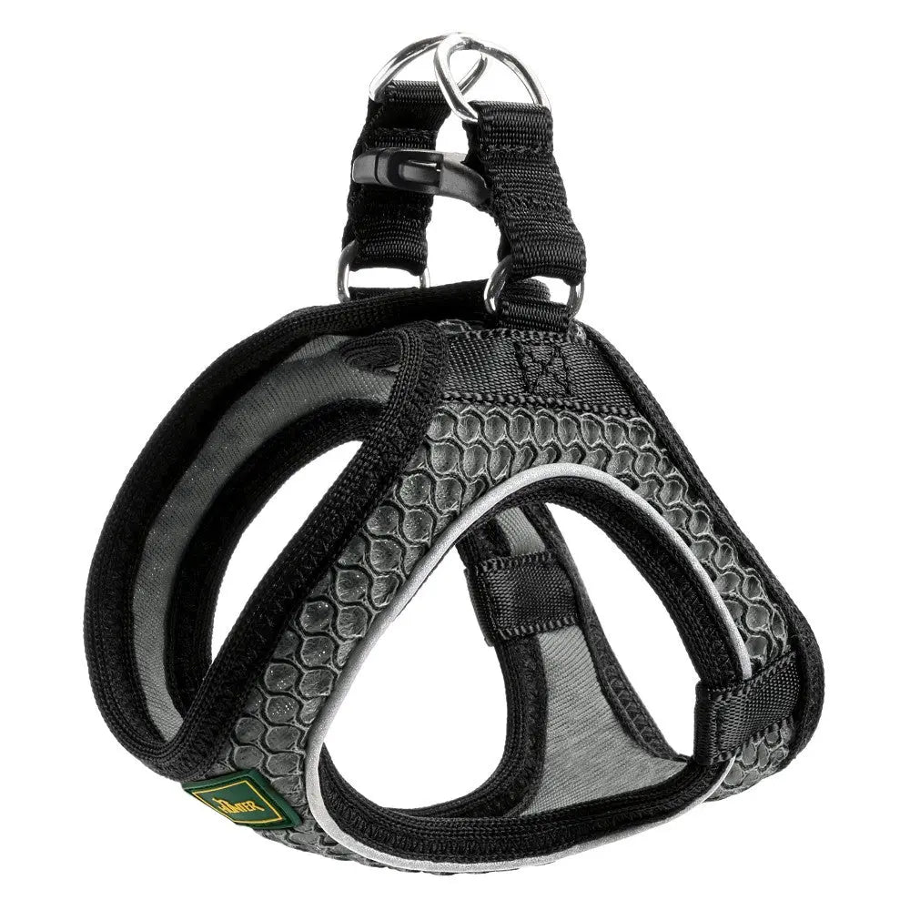 Dog harness with breathable mesh and adjustable straps for comfort and control during walks.