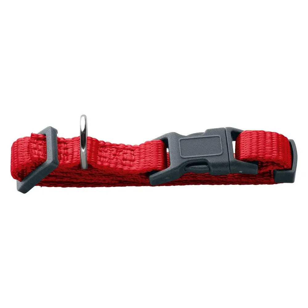Red adjustable pet collar with durable buckle and metal D-ring for leash attachment.