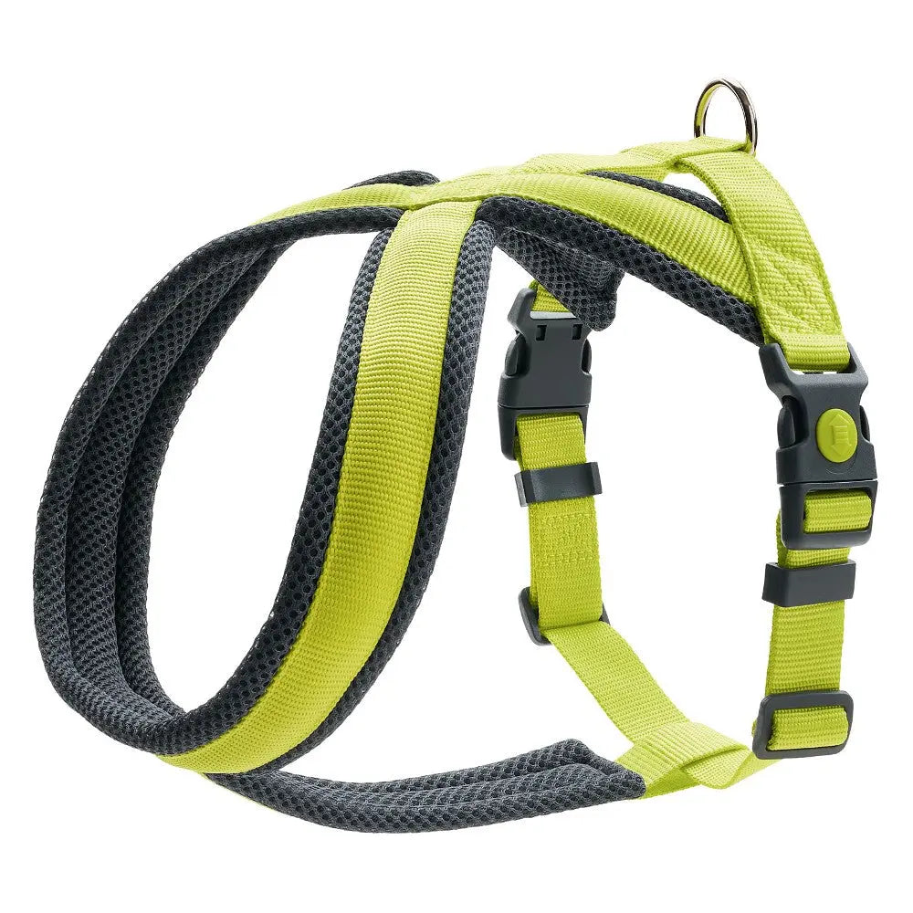 Adjustable dog harness in bright yellow and gray, designed for comfort and safety during walks.