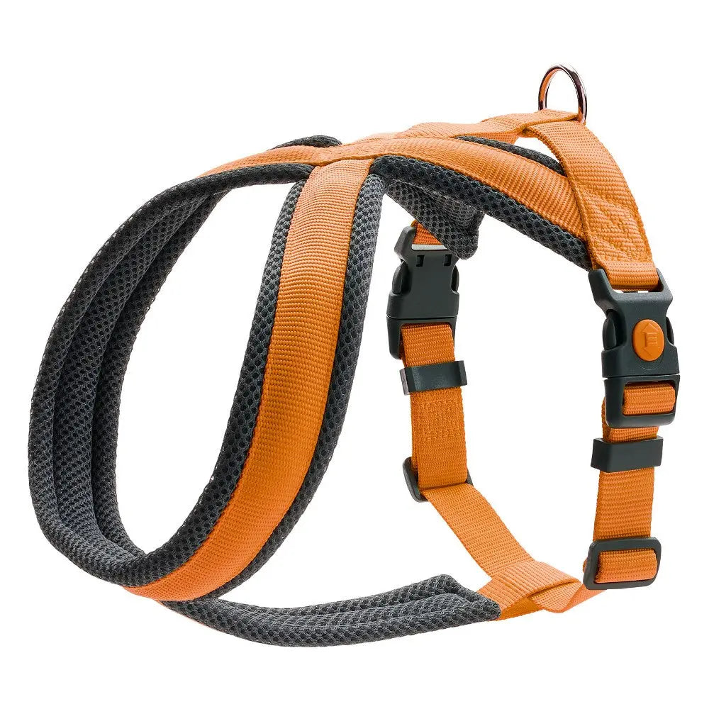 Orange dog harness with breathable mesh and adjustable straps for comfort and safety.