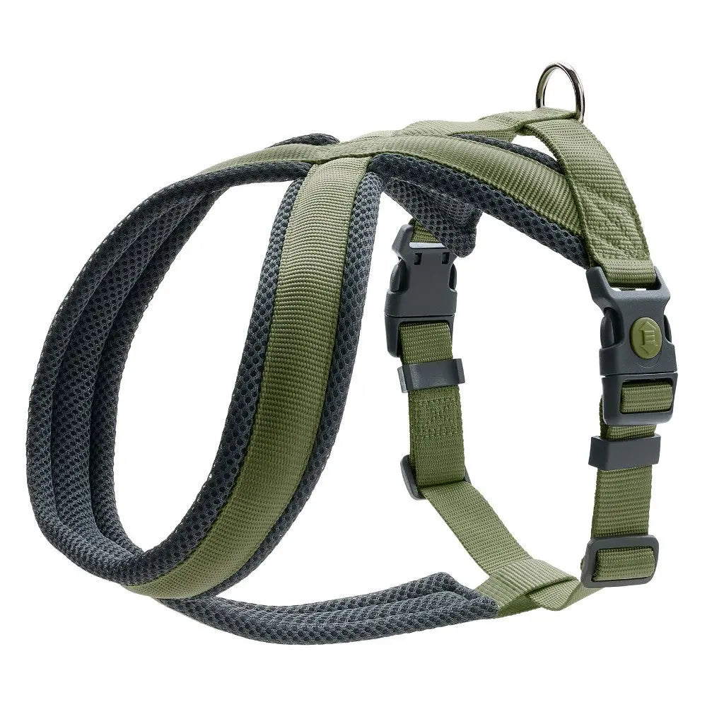 Adjustable dog harness in olive green with breathable mesh for comfort and control during walks.