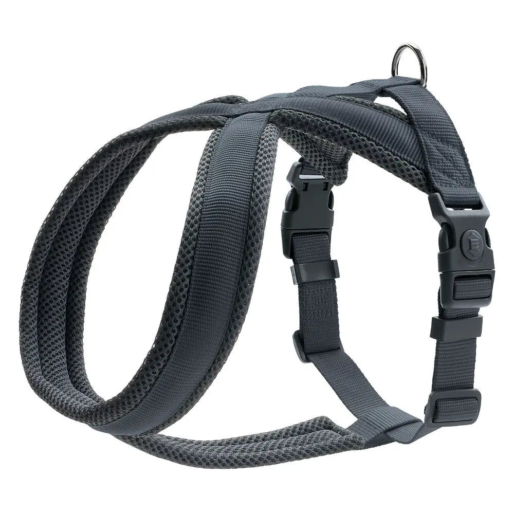 Adjustable dog harness in gray, designed for comfort and control during walks.