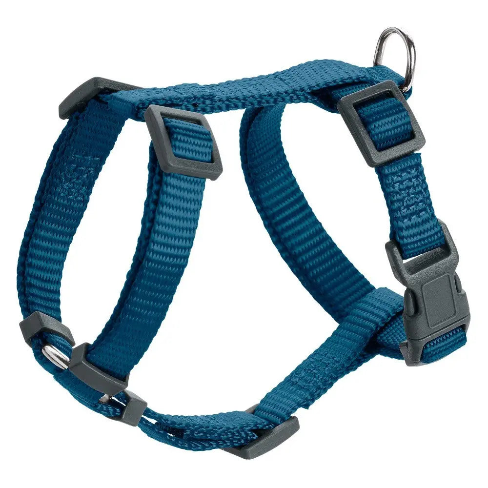 Adjustable blue dog harness with sturdy clips and metal D-ring for leash attachment.