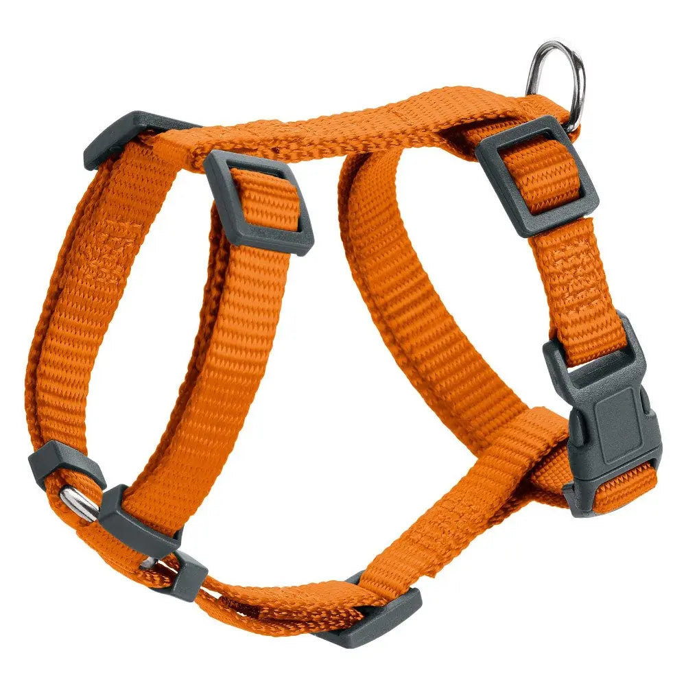 Adjustable orange dog harness with sturdy clips and D-ring for leash attachment.