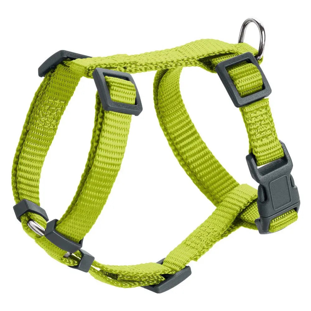 Adjustable green pet harness with durable straps and metal D-ring for leash attachment.