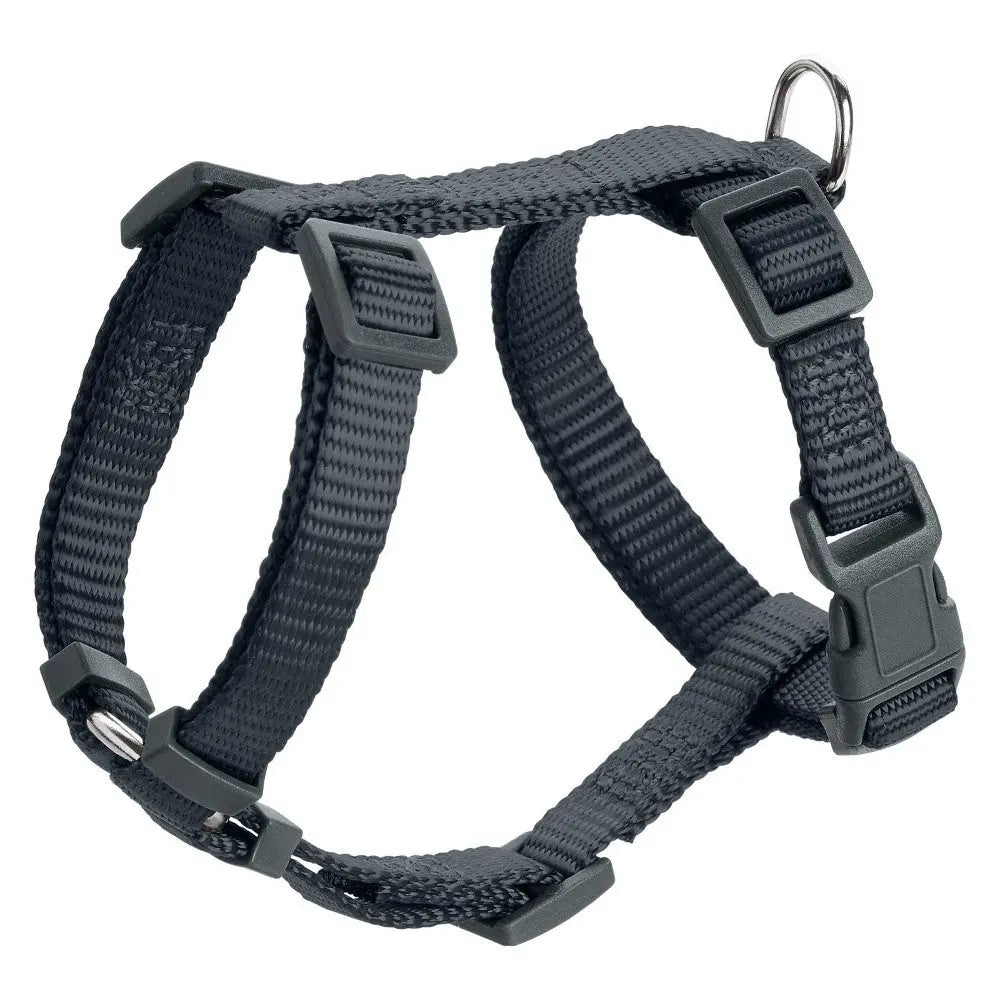 Adjustable black pet harness with sturdy clips and D-ring for leash attachment.