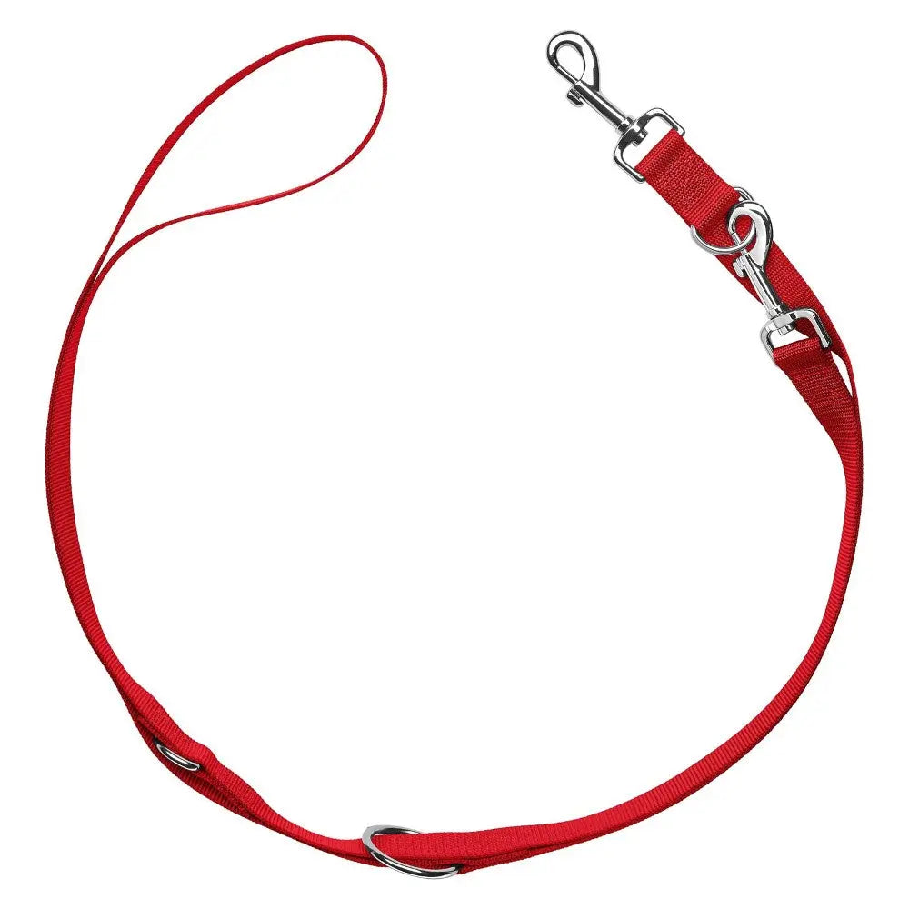 Red dog leash with adjustable length and sturdy metal clip for secure walks.