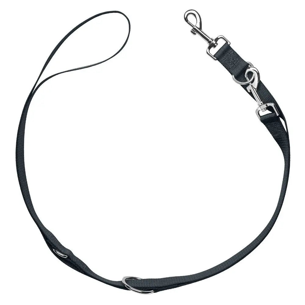 Durable black dog leash with adjustable clips for secure and comfortable walks.