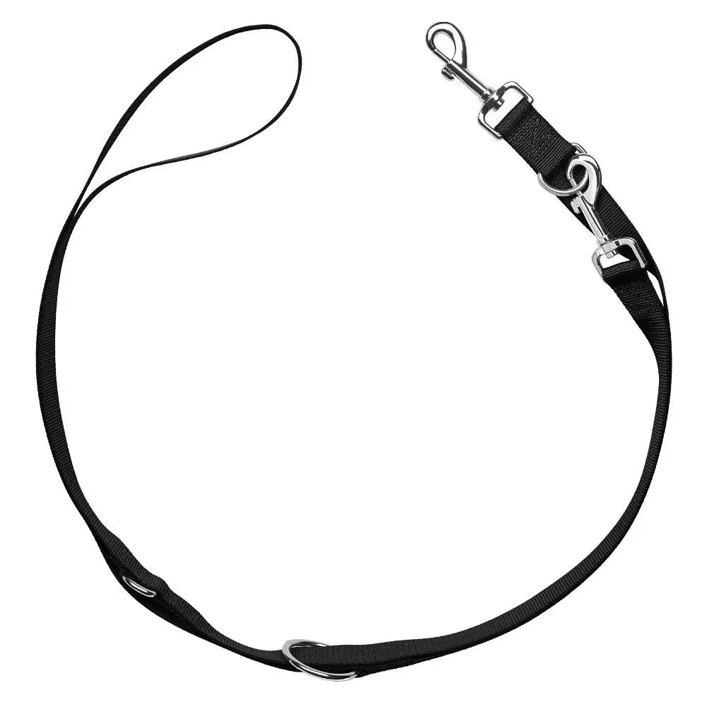 Durable black dog leash with metal clips for secure pet control and comfort during walks.