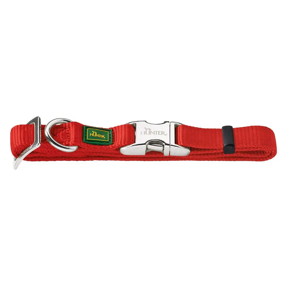 Red dog collar with metal buckle and adjustable strap for secure fit and comfort.