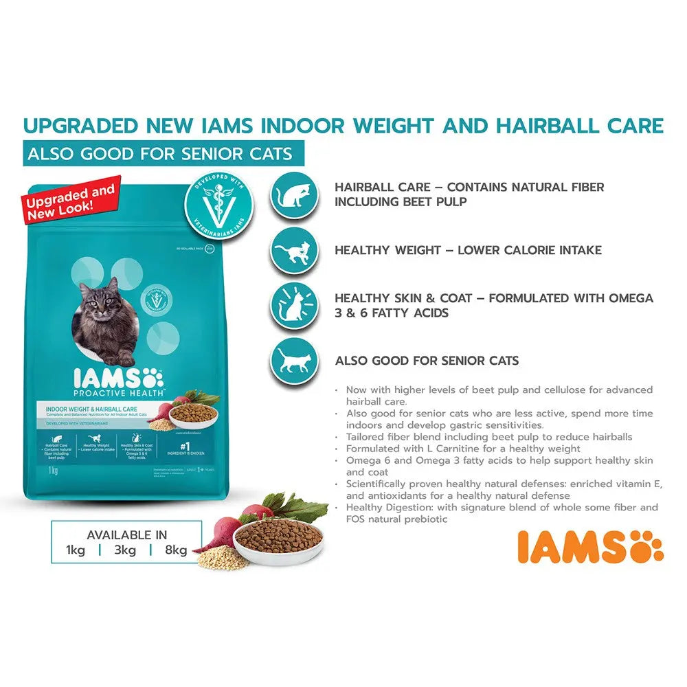 IAMS Indoor Weight and Hairball Care cat food bag with nutritional benefits for healthy skin and weight management.