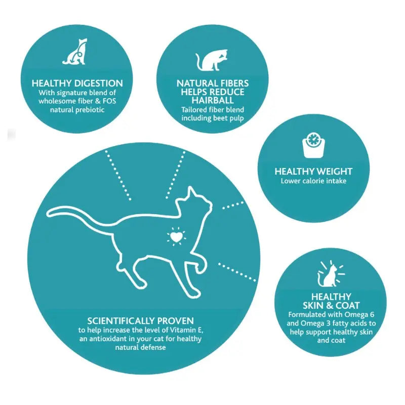 Infographic highlighting cat health benefits: digestion, weight, skin, coat, and natural fibers for hairball reduction.
